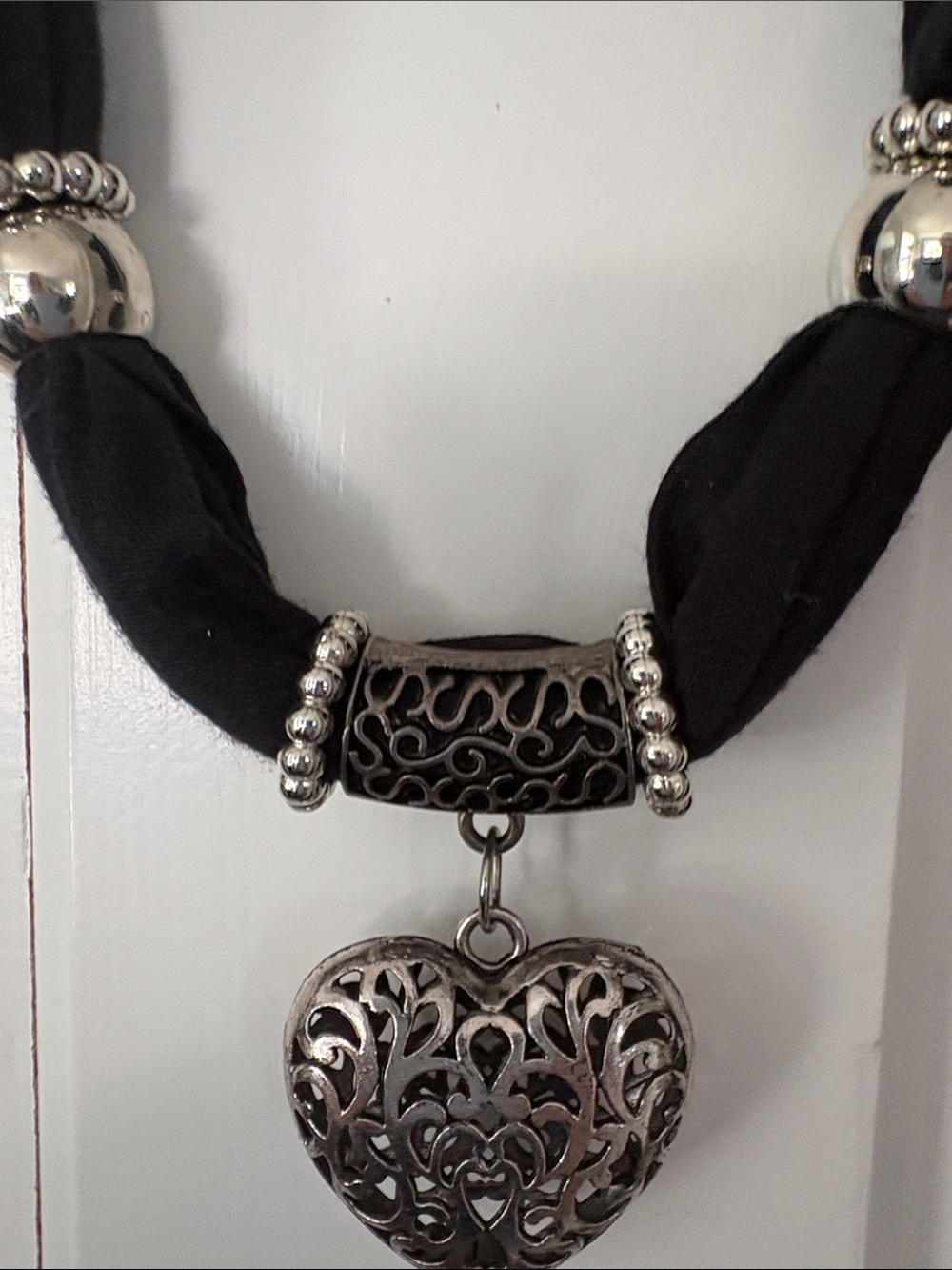 Black Scarf Necklace with Filigree Heart Pendant